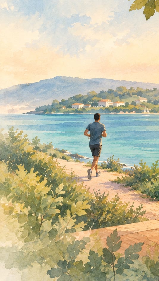 Un joggeur de dos sur un sentier côtier, au petit matin