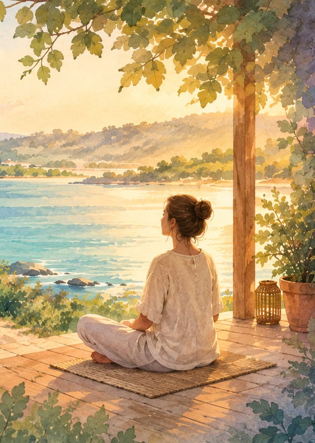 Une personne assise face à la mer, en fin de journée