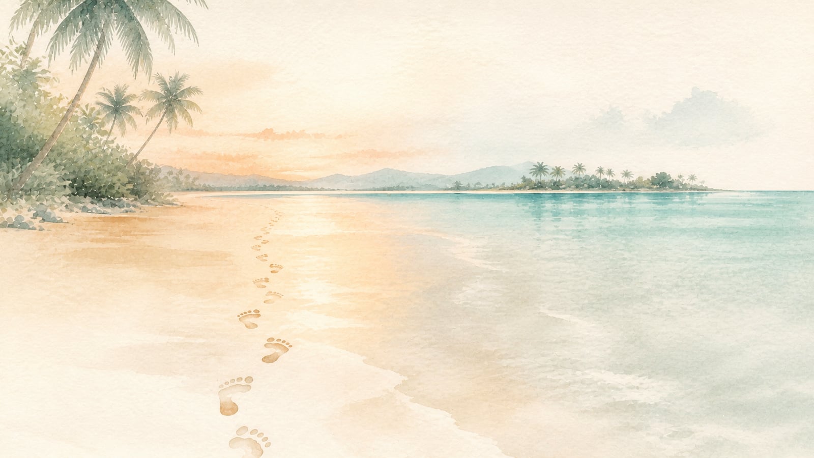 Un premier pas sur une plage au petit matin, illustration aquarelle